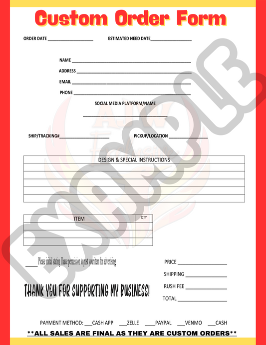 Order Forms for T-Shirts and Custom Items| Digital Download